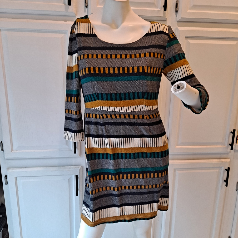 Pink Owl Striped Long Sleeve Lined Sweater Dress - Black, Gray, Gold, Green